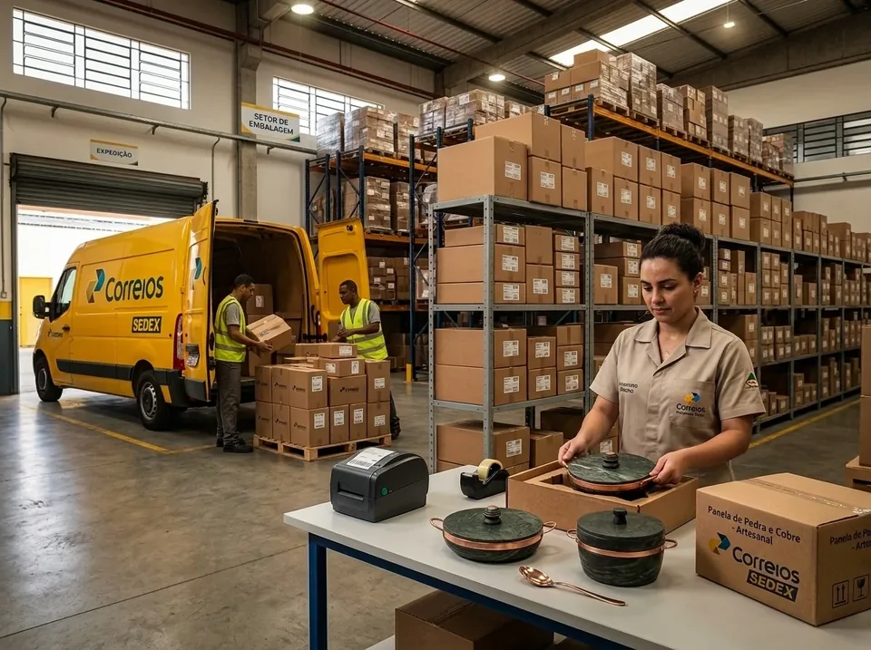 Equipe embalando panelas de pedra sabão no setor de expedição para envio pelos Correios